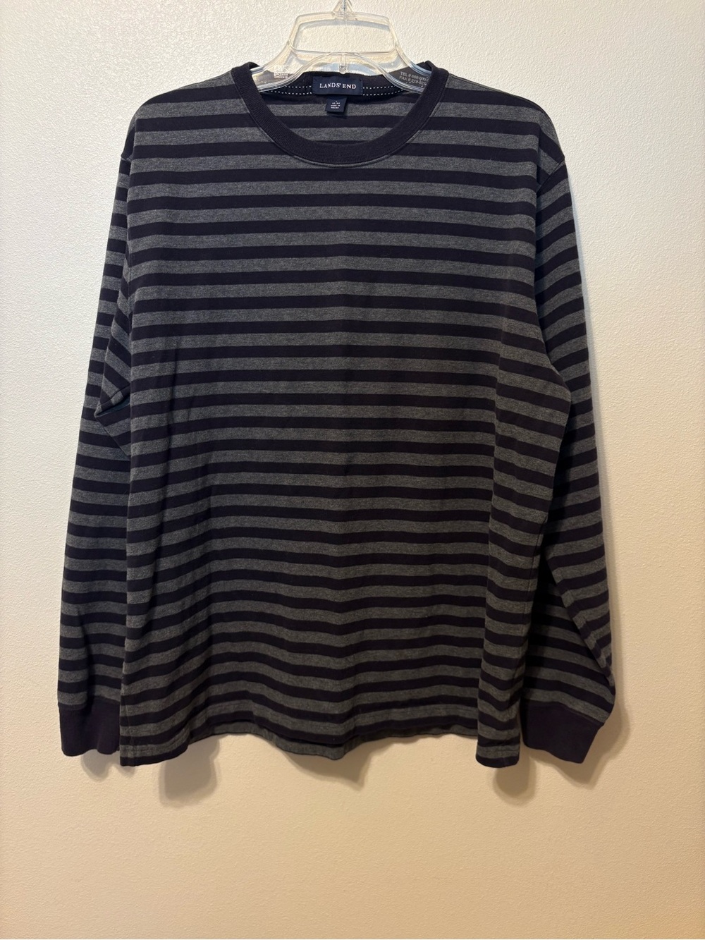 Lands' End Men's Black and Gray Striped Long-Sleeve Tee Shirt